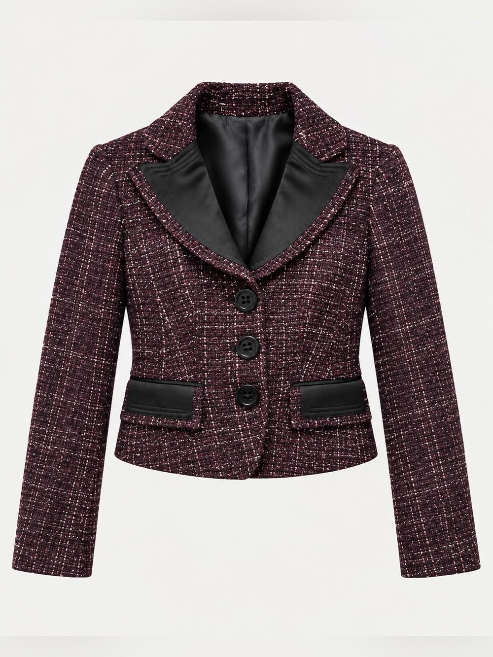 Nanette Lepore Burgundy Tweed Cropped Blazer Black Satin Trim Size S